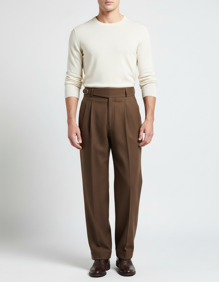 Pantalon Marron Plissé Droit Laine Homme Élégant