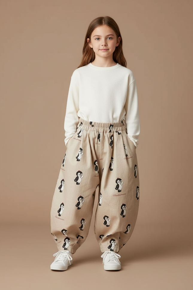 Pantalon Marron Ample Coton Imprimé Pingouin Enfant - Beige