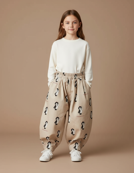 Pantalon Marron Ample Coton Imprimé Pingouin Enfant - Beige