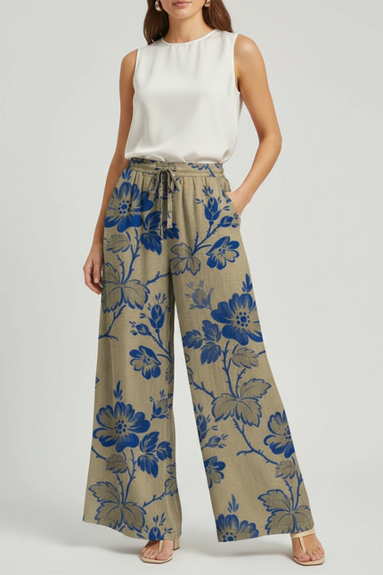 Pantalon Marron Fleuri Ample Fluide Décontracté - Kaki Lin