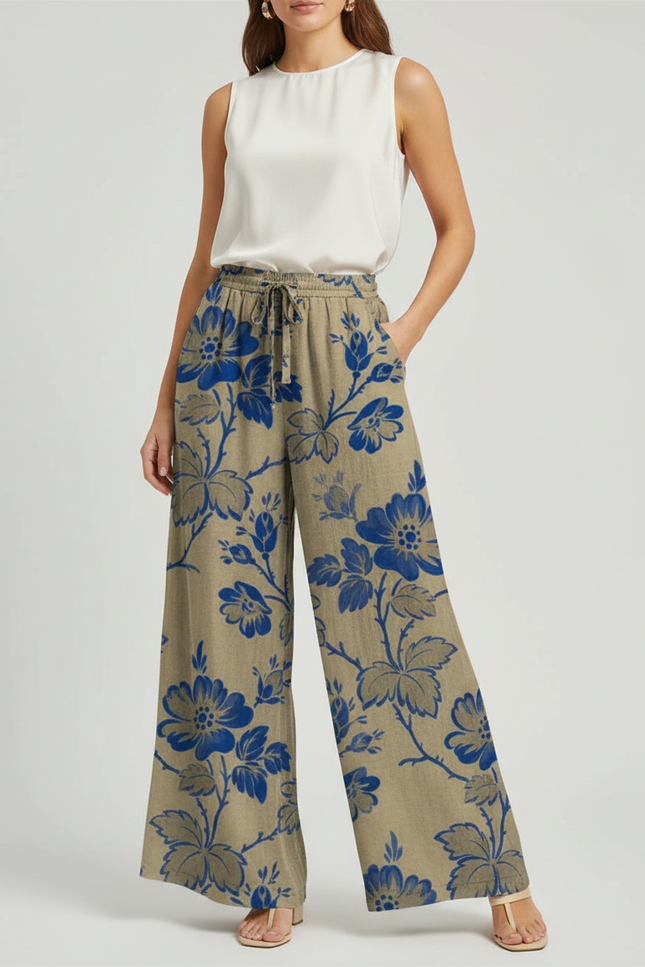 Pantalon Marron Fleuri Ample Fluide Décontracté - Kaki Lin