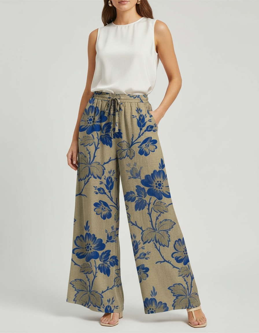 Pantalon Marron Fleuri Ample Fluide Décontracté - Kaki Lin