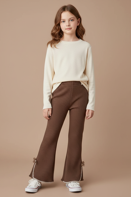 Pantalon Marron Côtelé Évasé Nœuds Décoratifs Enfant - Maille