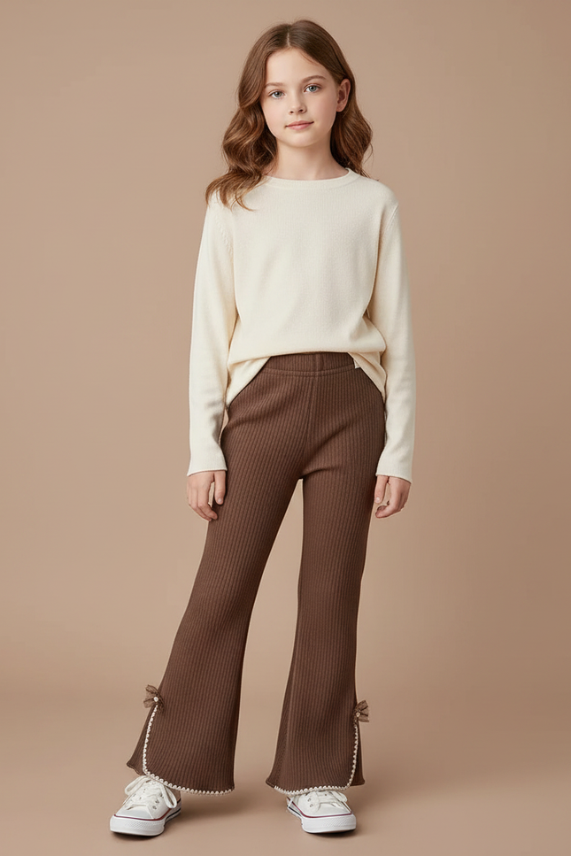 Pantalon Marron Côtelé Évasé Nœuds Décoratifs Enfant - Maille