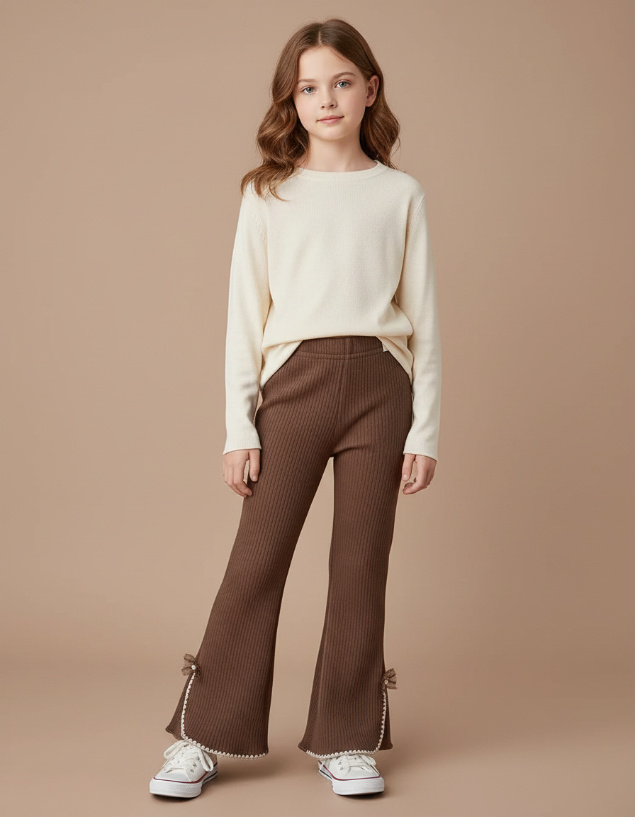 Pantalon Marron Côtelé Évasé Nœuds Décoratifs Enfant - Maille