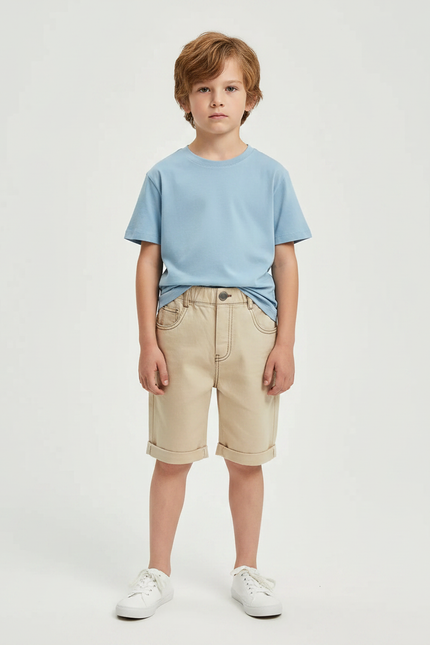 Pantalon Marron Court Coton Décontracté Garçon - Beige Jean