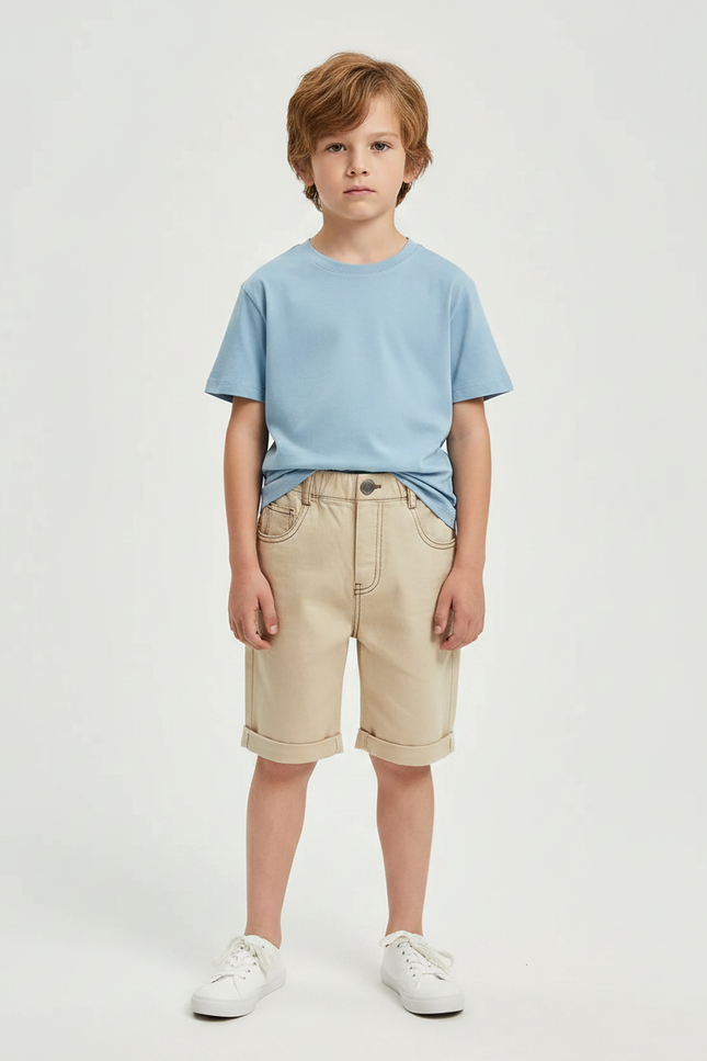 Pantalon Marron Court Coton Décontracté Garçon - Beige Jean