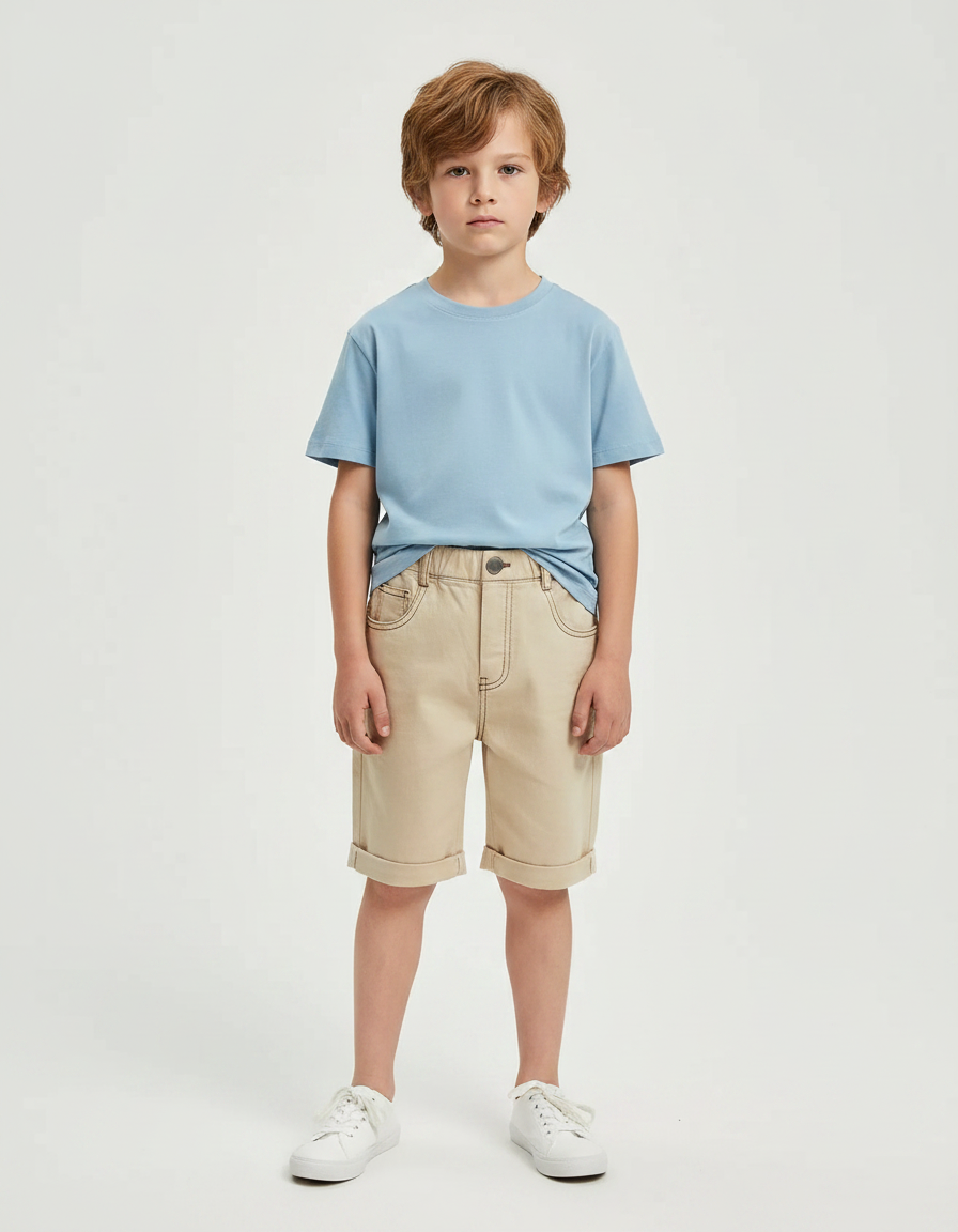 Pantalon Marron Court Coton Décontracté Garçon - Beige Jean