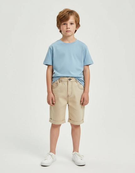 Pantalon Marron Court Coton Décontracté Garçon - Beige Jean