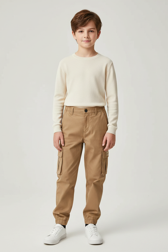 Pantalon Marron Cargo Décontracté Garçon Coton Chevilles Élastiquées - Kaki
