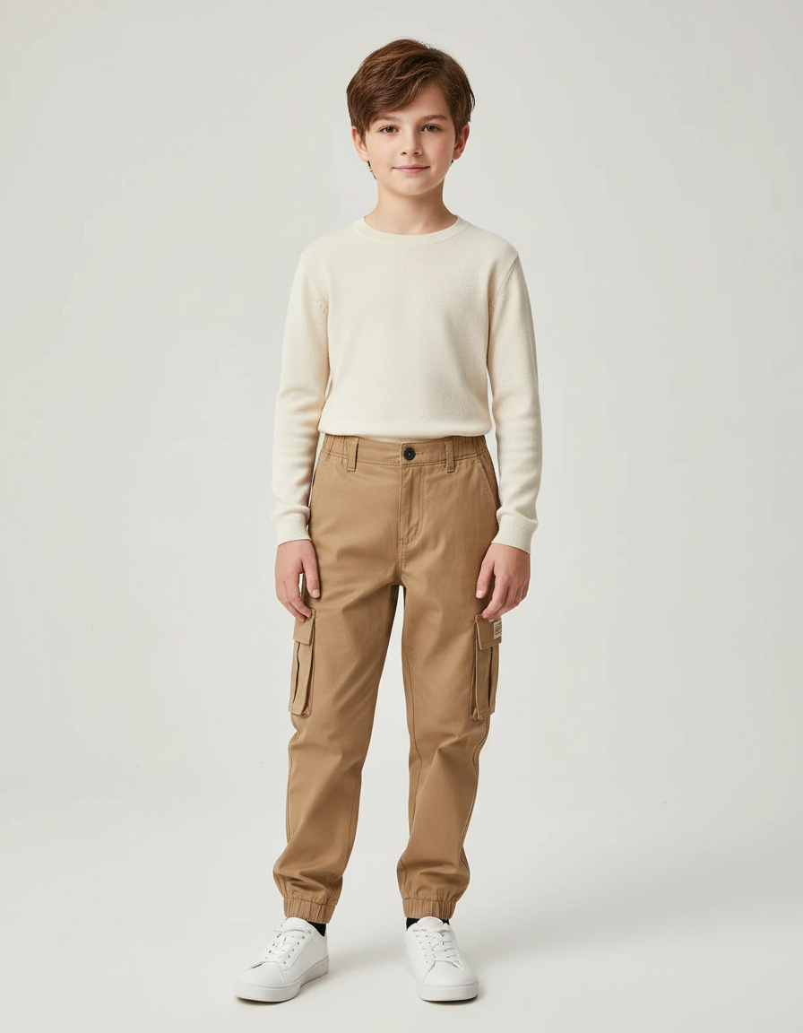 Pantalon Marron Cargo Décontracté Garçon Coton Chevilles Élastiquées - Kaki