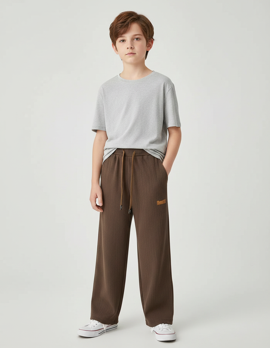 Pantalon Marron Côtelé Ample Décontracté Cordon Enfant - Cordé