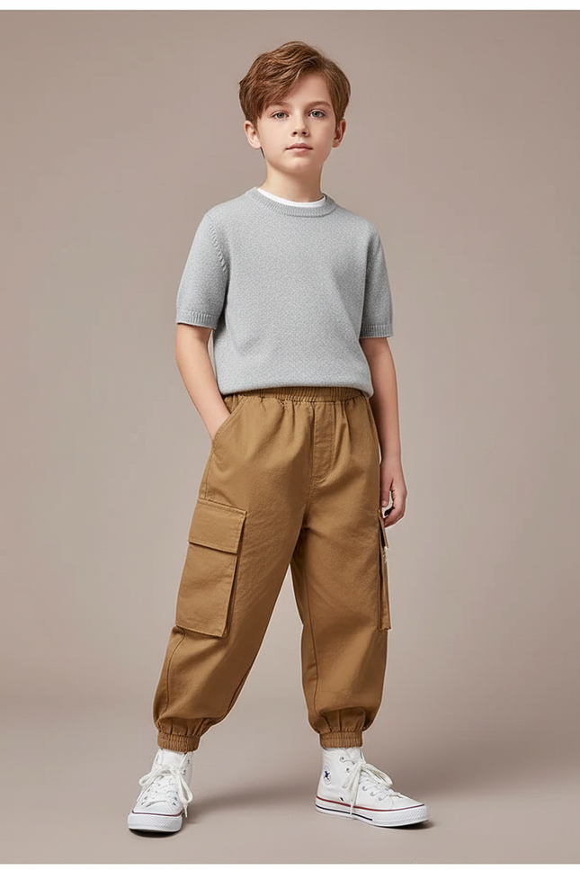 Pantalon Marron Cargo Ample Élastiqué Coton Enfant