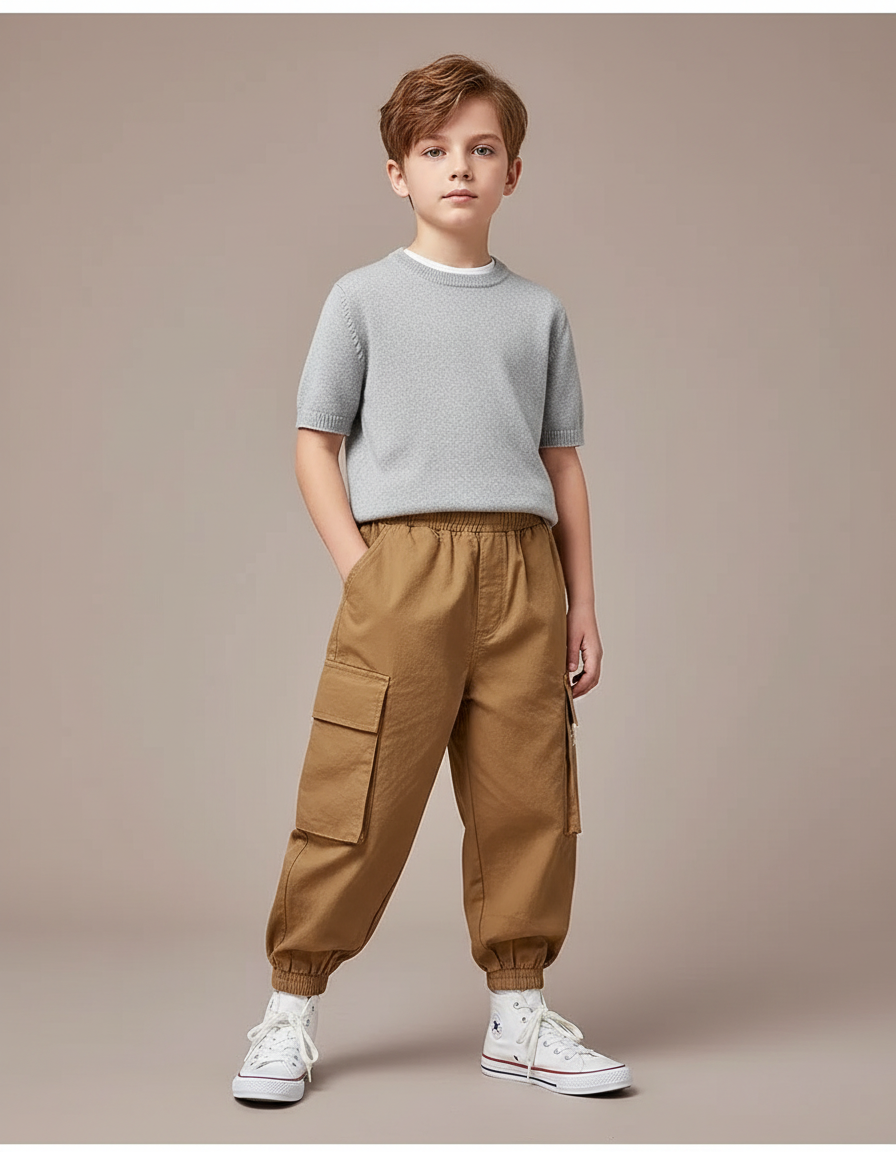 Pantalon Marron Cargo Ample Élastiqué Coton Enfant