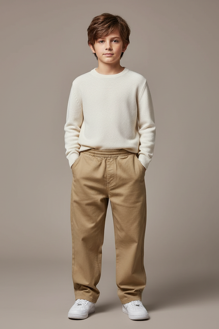 Pantalon Marron Droit Ample Décontracté Enfant - Kaki Gabardine