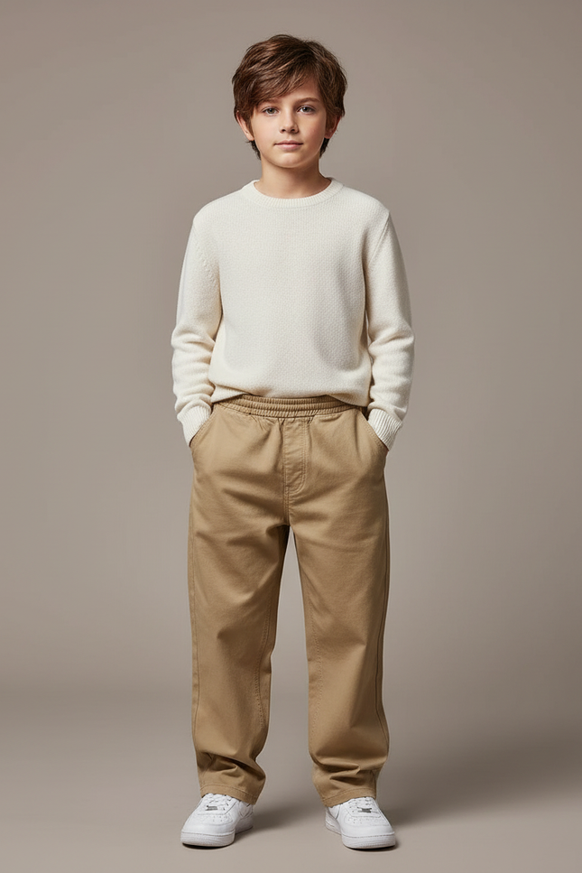 Pantalon Marron Droit Ample Décontracté Enfant - Kaki Gabardine