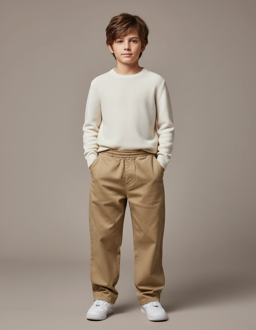 Pantalon Marron Droit Ample Décontracté Enfant - Kaki Gabardine
