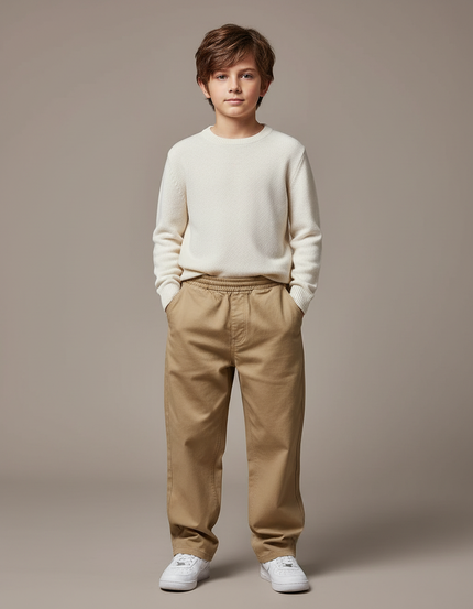 Pantalon Marron Droit Ample Décontracté Enfant - Kaki Gabardine