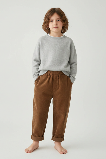 Pantalon Marron Ample Côtelé Enfant Décontracté Hiver - Cordé