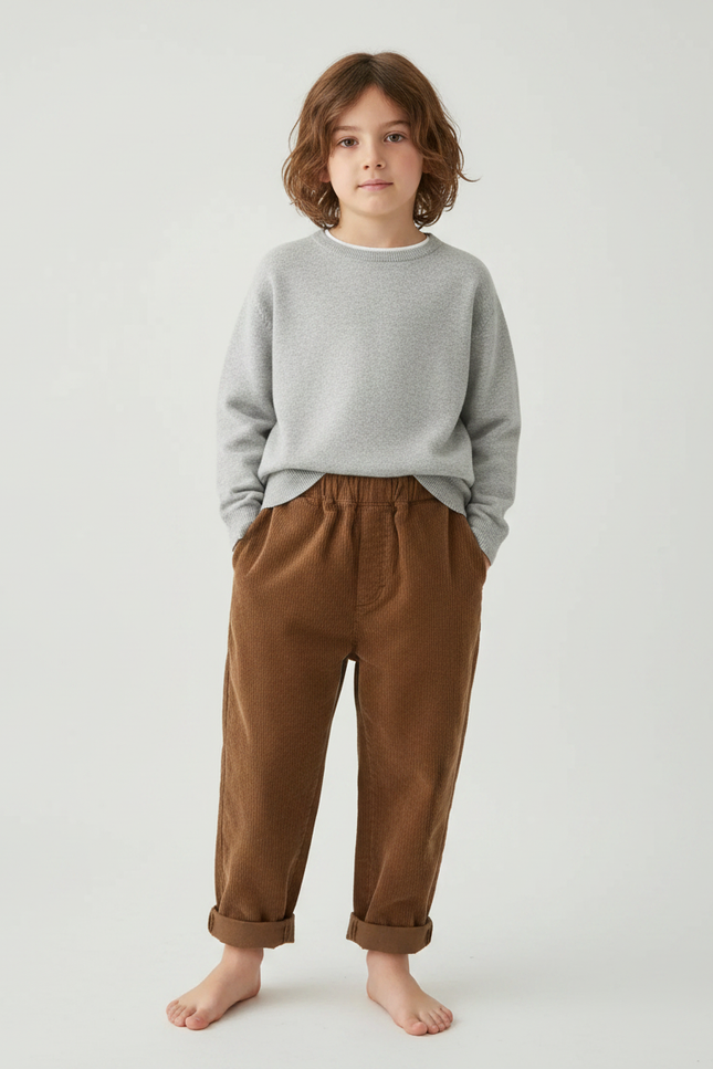 Pantalon Marron Ample Côtelé Enfant Décontracté Hiver - Cordé