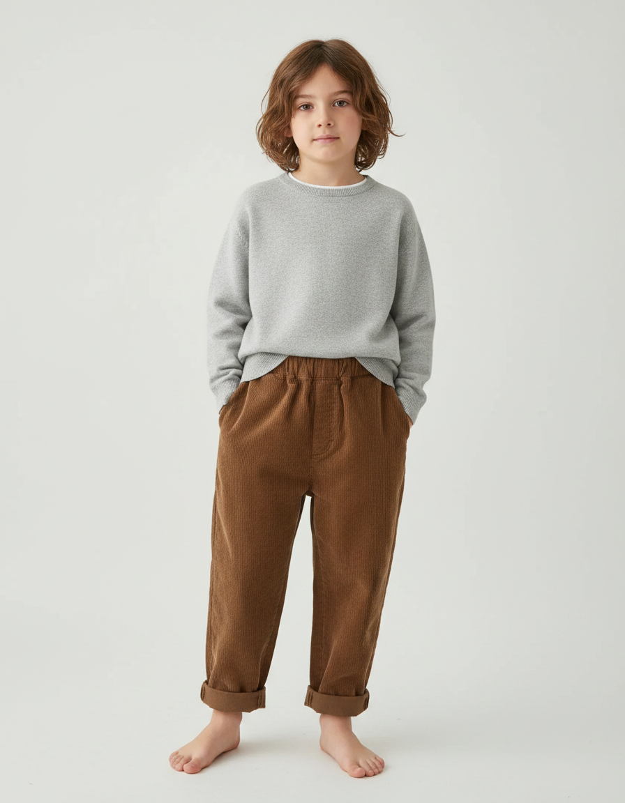 Pantalon Marron Ample Côtelé Enfant Décontracté Hiver - Cordé