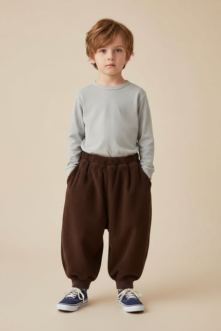 Pantalon Marron Côtelé Ample Confortable Enfant Chaud - Cordé