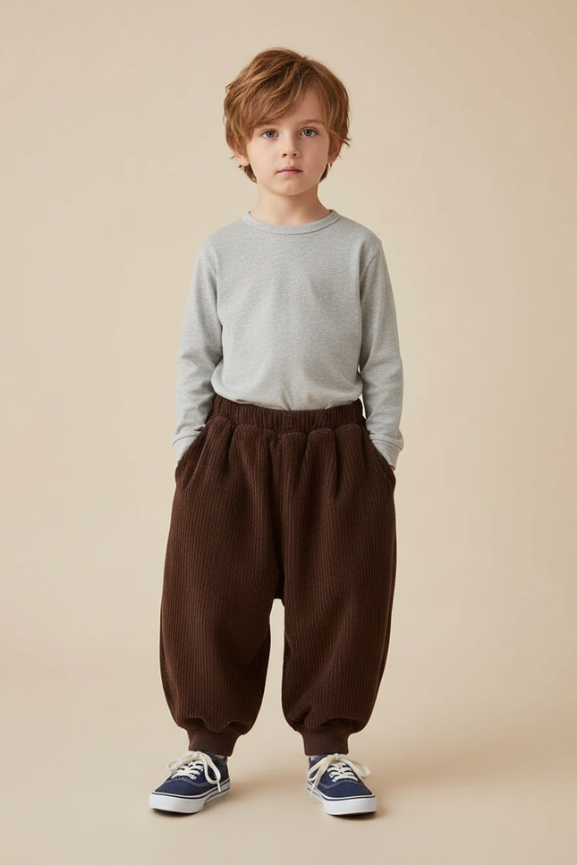 Pantalon Marron Côtelé Ample Confortable Enfant Chaud - Cordé