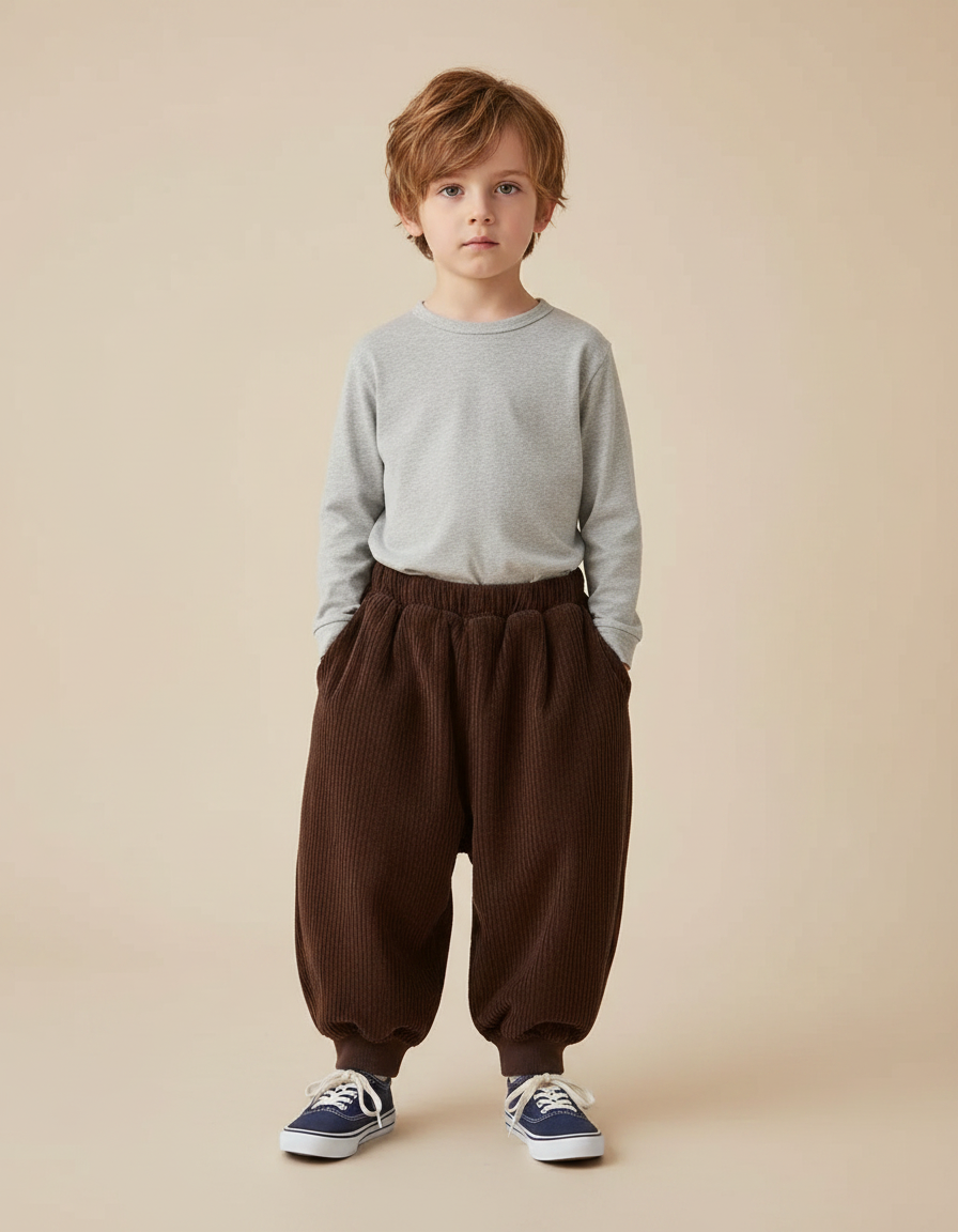 Pantalon Marron Côtelé Ample Confortable Enfant Chaud - Cordé