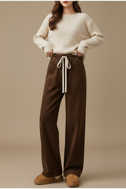 Pantalon Marron Velours Côtelé Ample Doublé Chaud Femme - Cordé