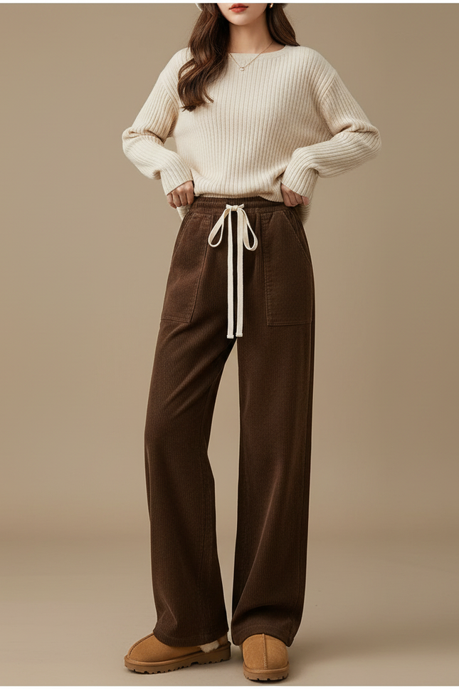 Pantalon Marron Velours Côtelé Ample Doublé Chaud Femme - Cordé