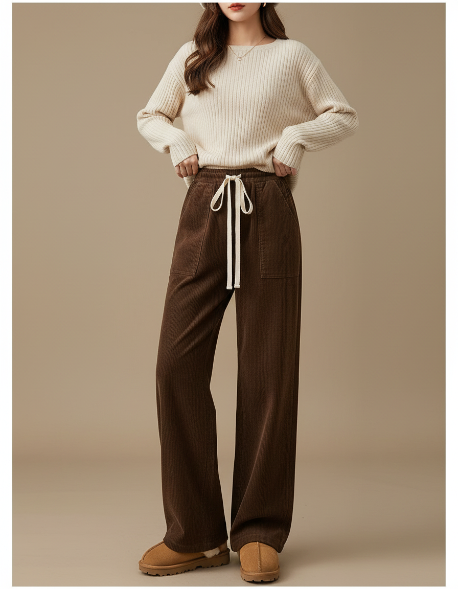 Pantalon Marron Velours Côtelé Ample Doublé Chaud Femme - Cordé