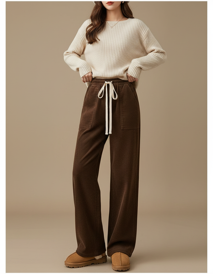 Pantalon Marron Velours Côtelé Ample Doublé Chaud Femme - Cordé