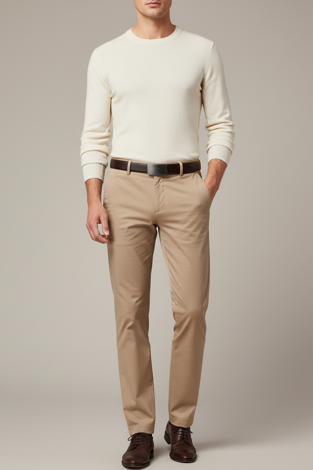 Pantalon Marron Homme Chino Droit Élégant Extensible - Beige Gabardine