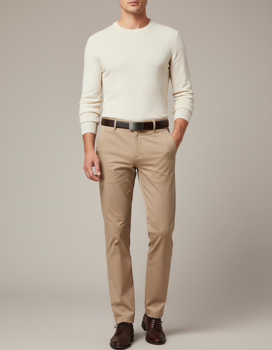 Pantalon Marron Homme Chino Droit Élégant Extensible - Beige Gabardine