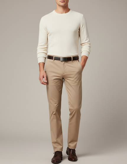 Pantalon Marron Homme Chino Droit Élégant Extensible - Beige Gabardine