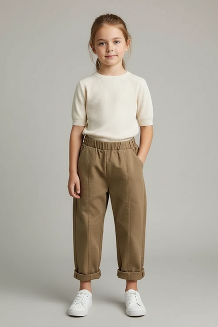 Pantalon Marron Coton Ample Élastique Enfant Plié Confortable - Kaki