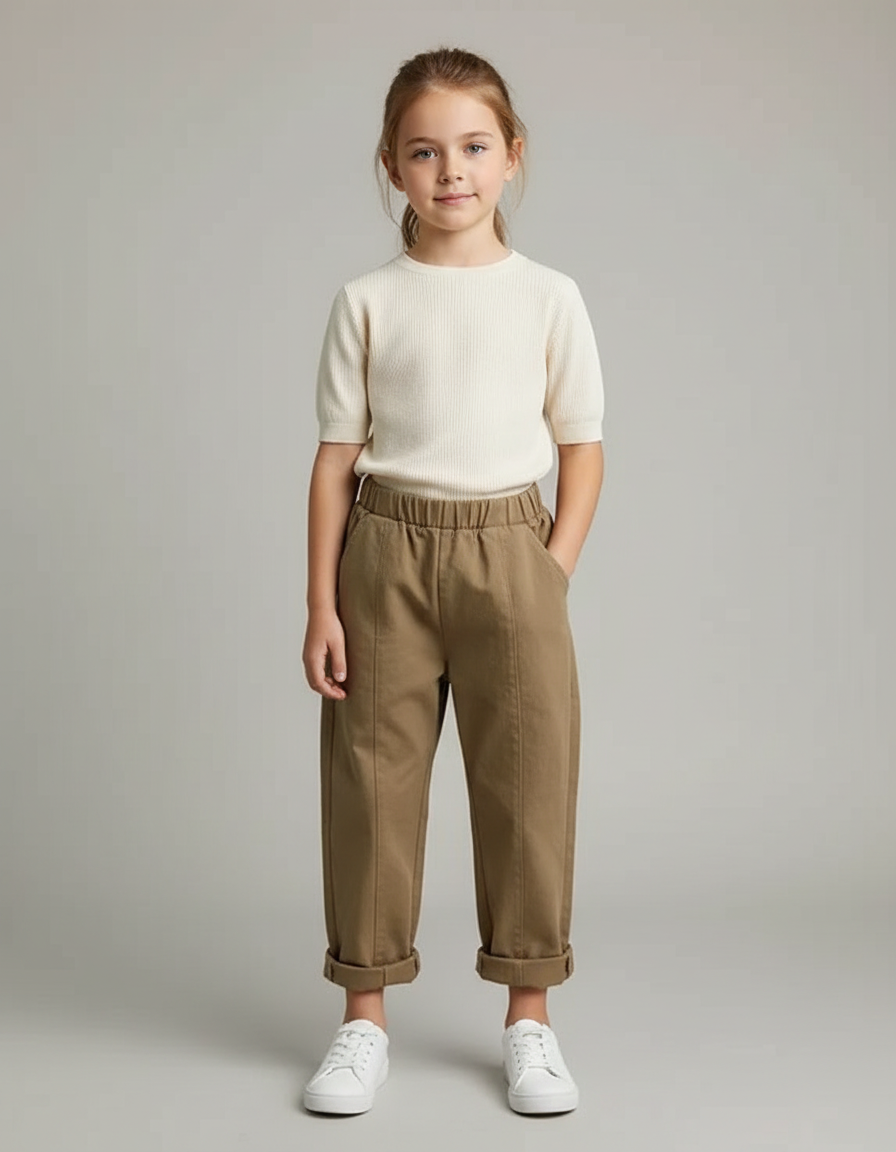 Pantalon Marron Coton Ample Élastique Enfant Plié Confortable - Kaki