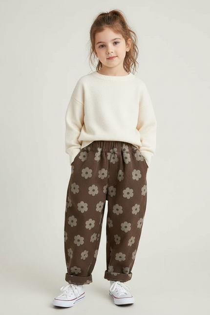 Pantalon Marron Ample Fleurs Décontracté Enfant Coton - Molleton