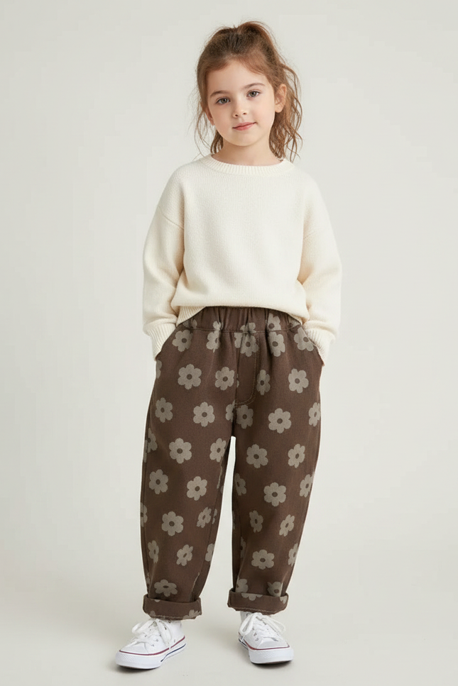 Pantalon Marron Ample Fleurs Décontracté Enfant Coton - Molleton