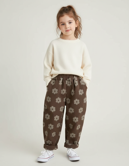 Pantalon Marron Ample Fleurs Décontracté Enfant Coton - Molleton