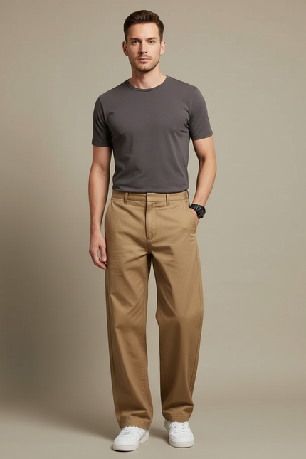 Pantalon Marron Homme Ample Décontracté Droit Coton - Camel