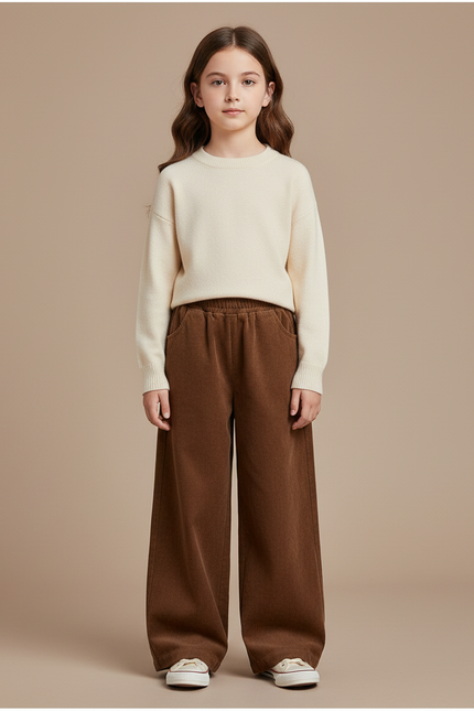 Pantalon Marron Ample Côtelé Décontracté Élastique Hiver - Cordé
