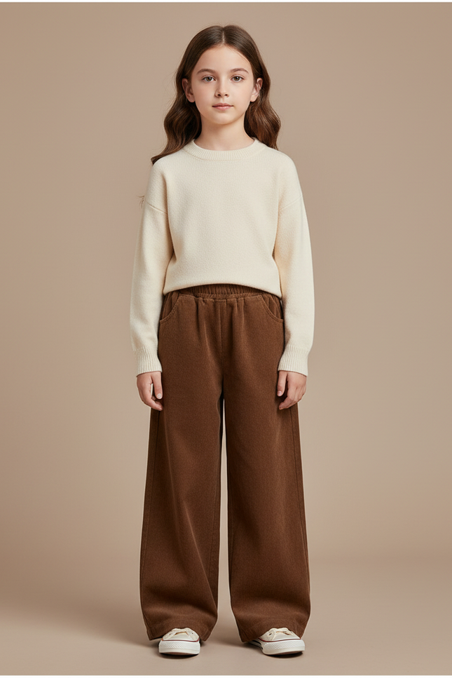 Pantalon Marron Ample Côtelé Décontracté Élastique Hiver - Cordé
