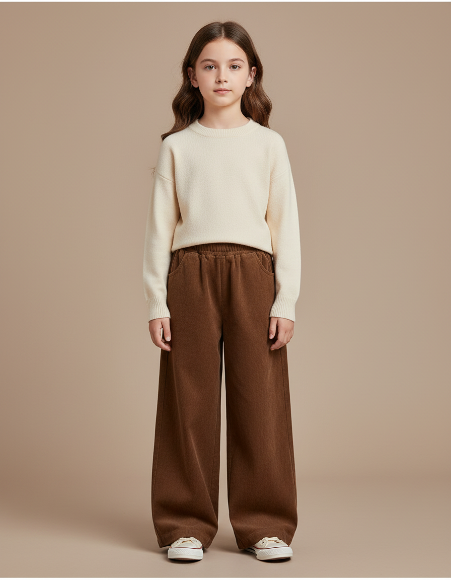 Pantalon Marron Ample Côtelé Décontracté Élastique Hiver - Cordé