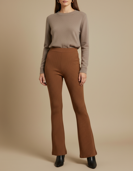 Pantalon Marron Côtelé Évasé Taille Haute Élégant - Maille