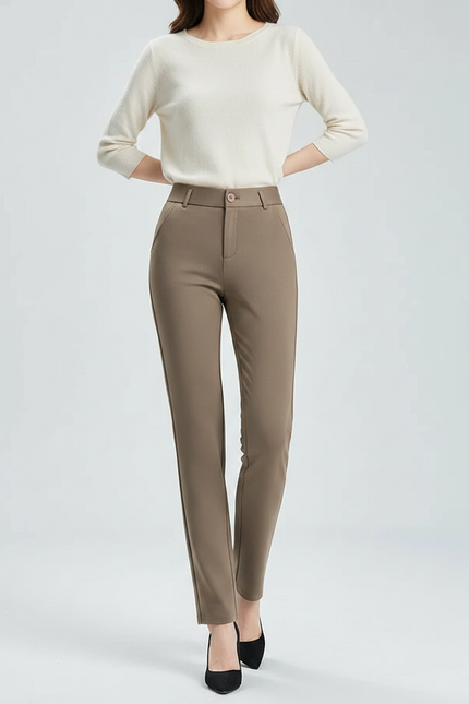 Pantalon Marron Taille Haute Slim Élégant Femme - Gabardine