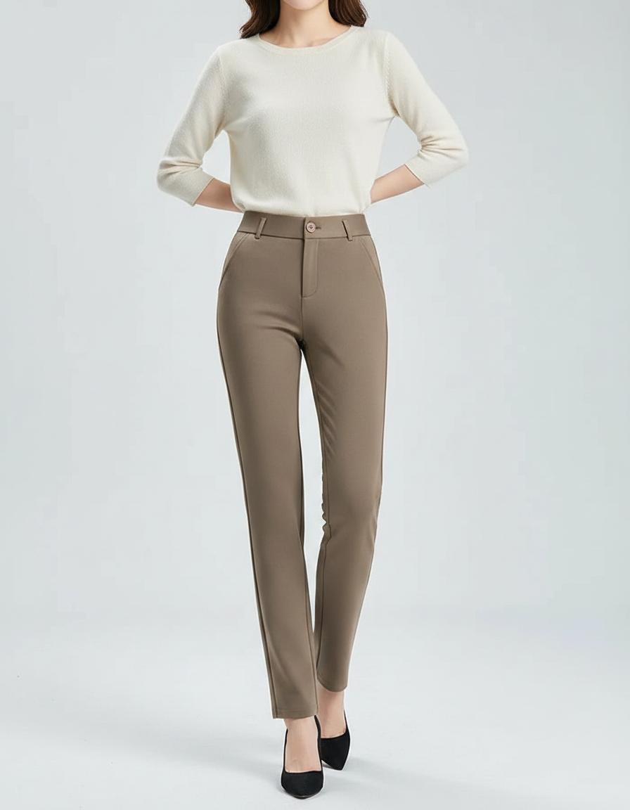 Pantalon Marron Taille Haute Slim Élégant Femme - Gabardine