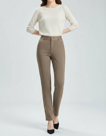 Pantalon Marron Taille Haute Slim Élégant Femme - Gabardine