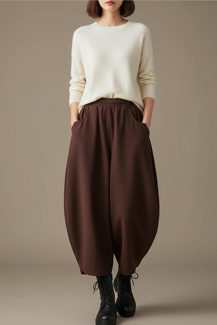 Pantalon Marron Harem Ample Taille Haute Décontracté - Maille