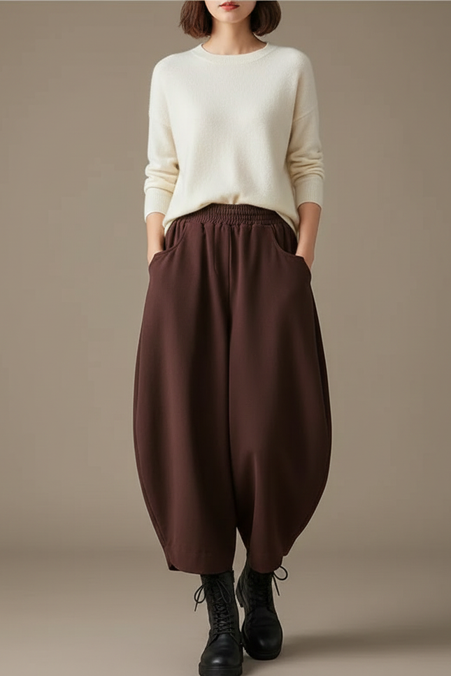 Pantalon Marron Harem Ample Taille Haute Décontracté - Maille